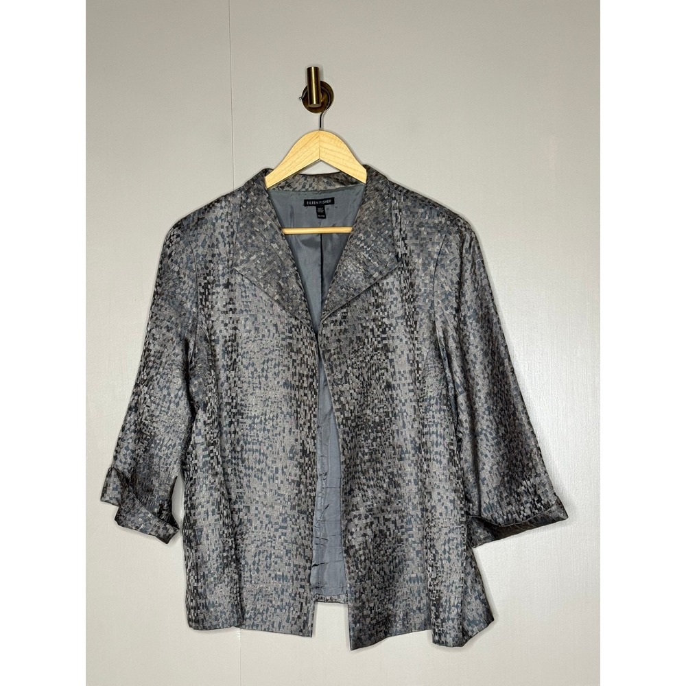 Eileen Fisher 100% Silk Gray Abstract Print Open Front Jacket XL